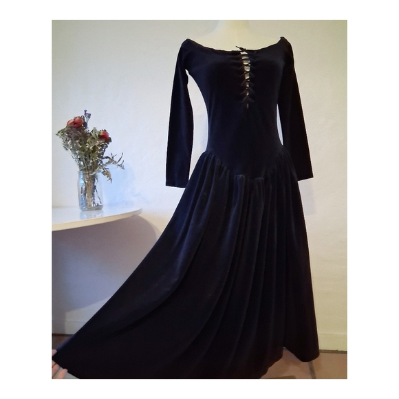 80s Betsey Johnson Punk Label Lace Up Off Shoulder Velvet Maxi Dress